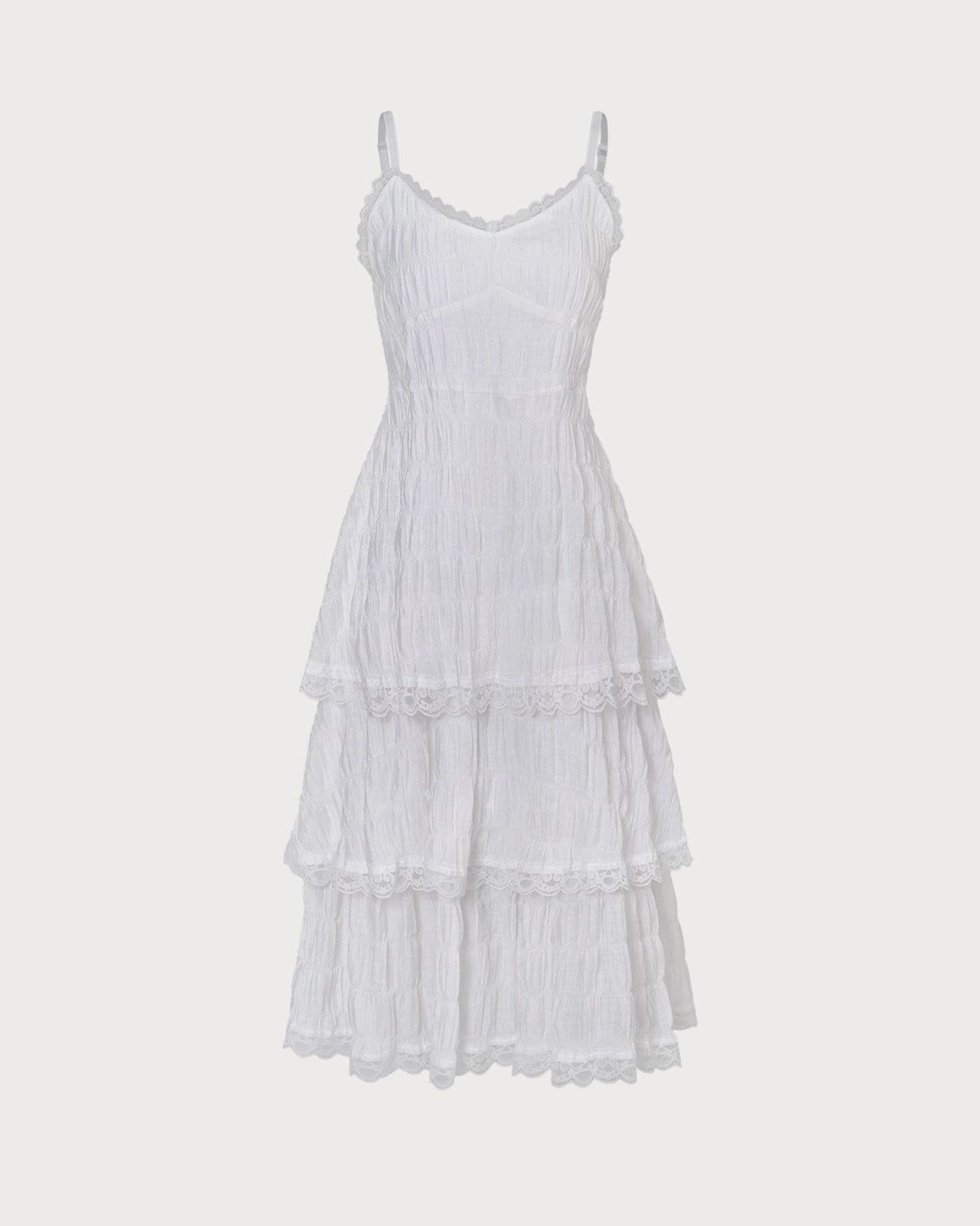 The White A Line Lace Trim Layered Midi Dress sold by rihoas