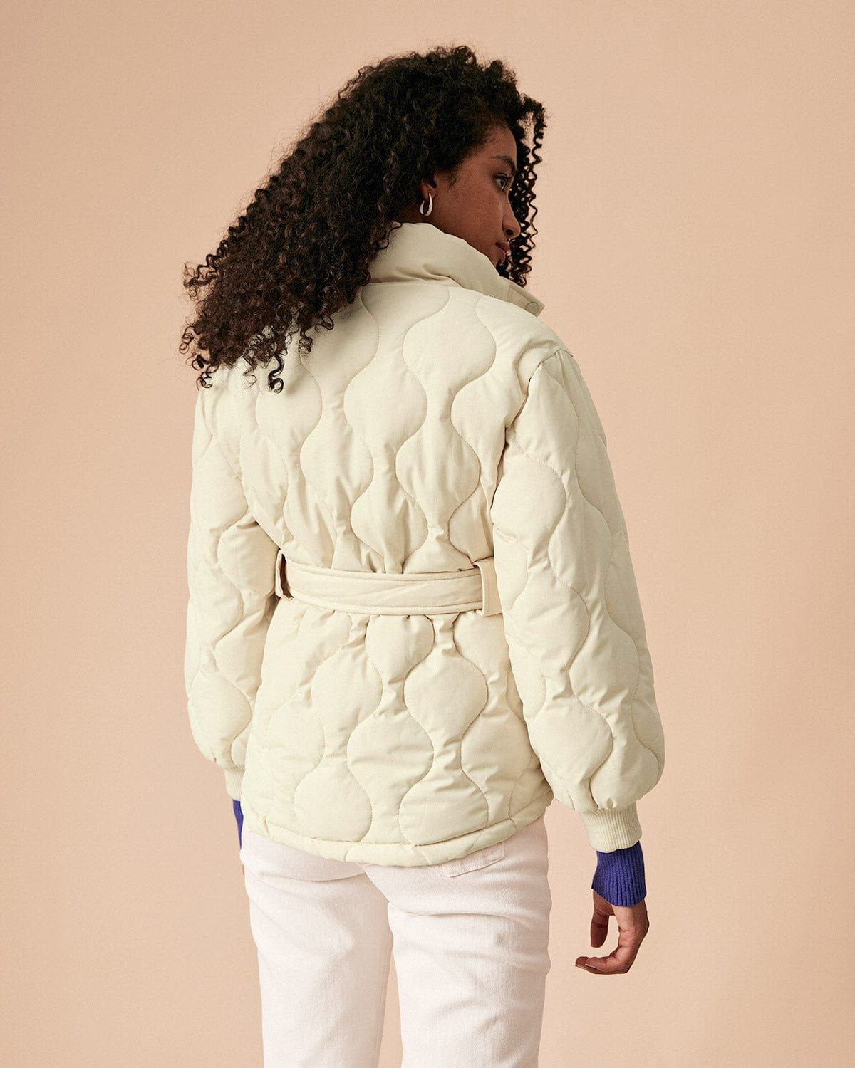 The Beige Mock Neck Belted Quilted Puffer Jacket sold by rihoas product image thumbnail 6