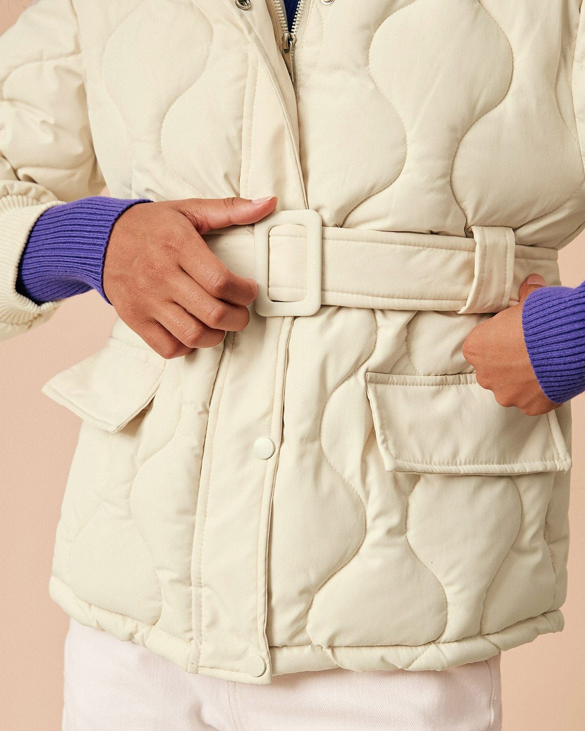 The Beige Mock Neck Belted Quilted Puffer Jacket sold by rihoas product image thumbnail 5
