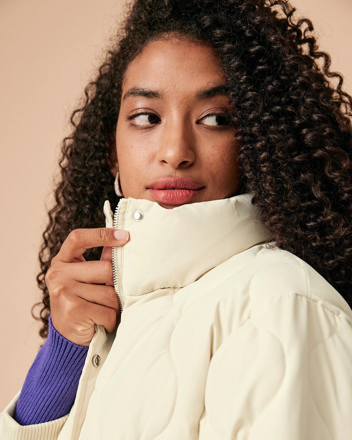The Beige Mock Neck Belted Quilted Puffer Jacket sold by rihoas product image thumbnail 2