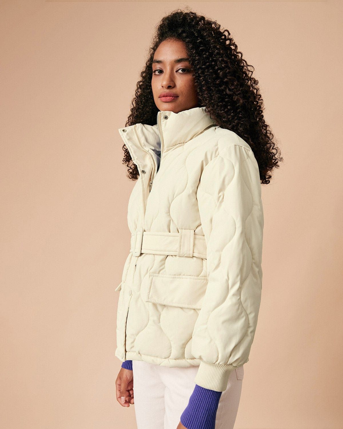 The Beige Mock Neck Belted Quilted Puffer Jacket sold by rihoas product image thumbnail 4