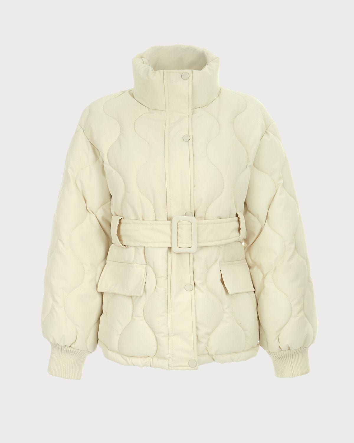 The Beige Mock Neck Belted Quilted Puffer Jacket sold by rihoas product image thumbnail 7