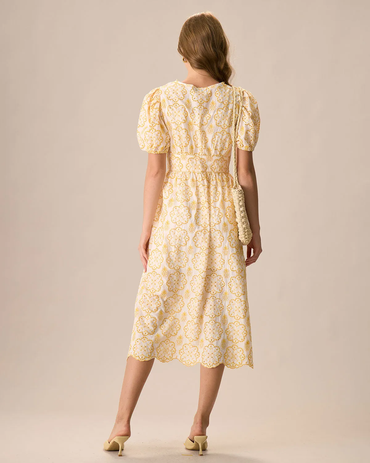 Women's Yellow V-Neck Puff Sleeve Cotton Midi Dress sold by rihoas product image thumbnail 5