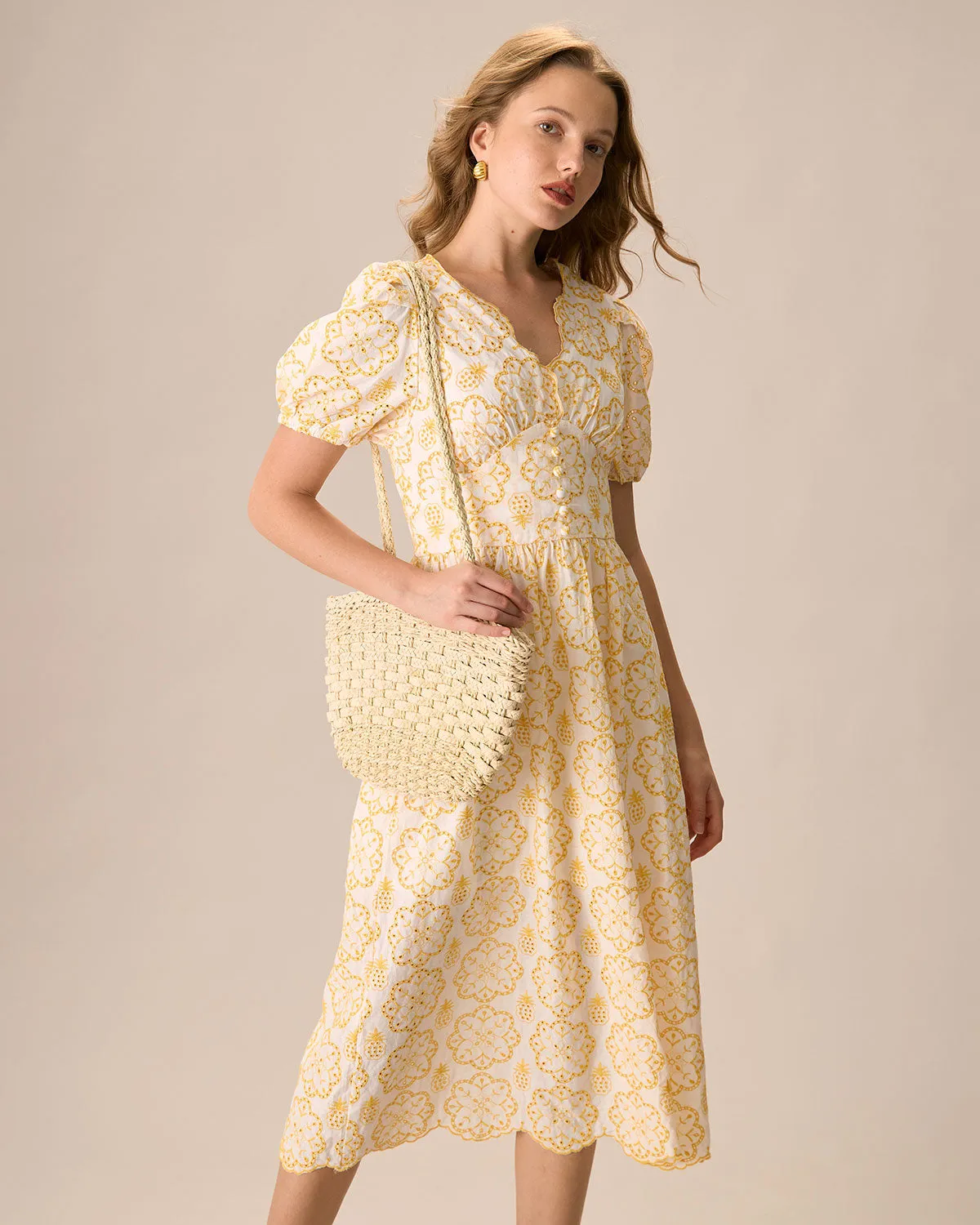 Women's Yellow V-Neck Puff Sleeve Cotton Midi Dress sold by rihoas product image thumbnail 3