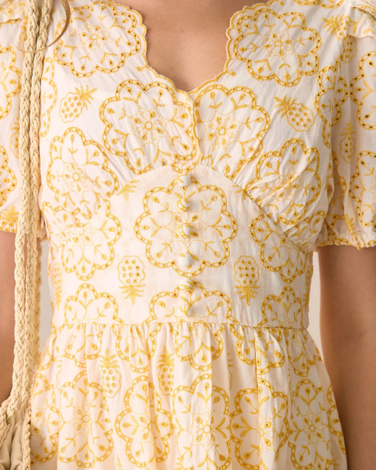 Women's Yellow V-Neck Puff Sleeve Cotton Midi Dress sold by rihoas product image thumbnail 2