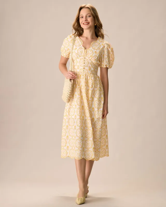 Women's Yellow V-Neck Puff Sleeve Cotton Midi Dress sold by rihoas