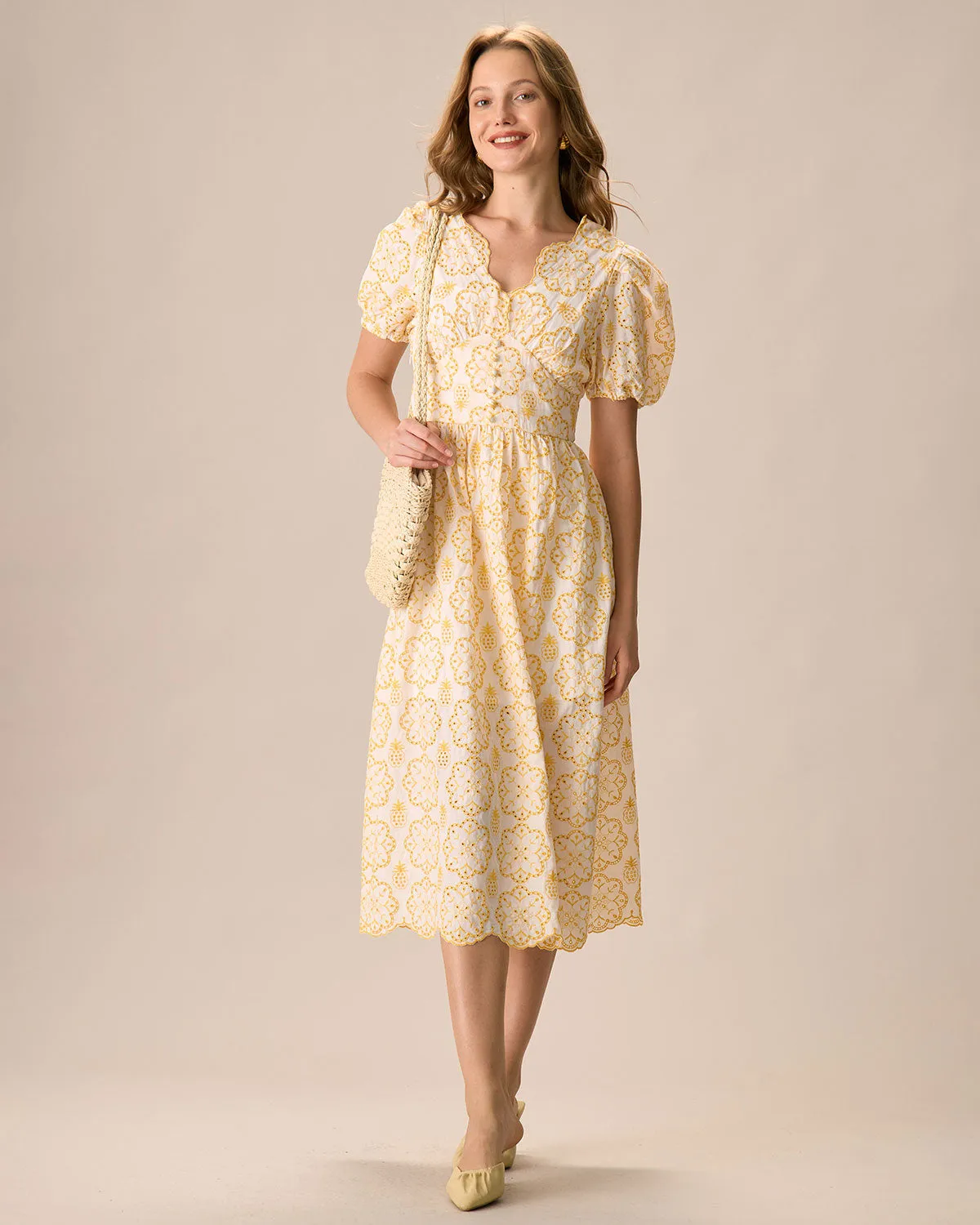 Women's Yellow V-Neck Puff Sleeve Cotton Midi Dress sold by rihoas