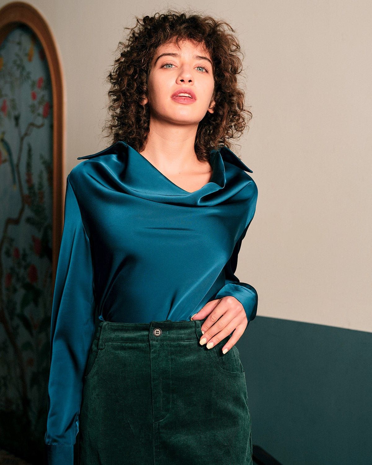 The Cowl Neck Long Sleeve Satin Blouse sold by rihoas product image thumbnail 4