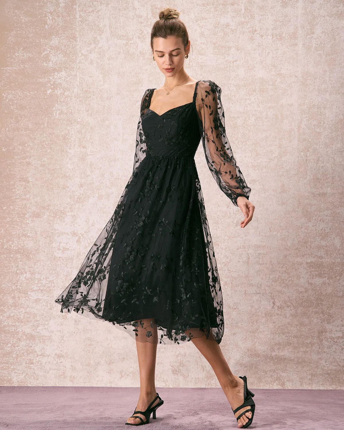 The Black Sweetheart Neck Mesh Midi Dress sold by rihoas product image thumbnail 3