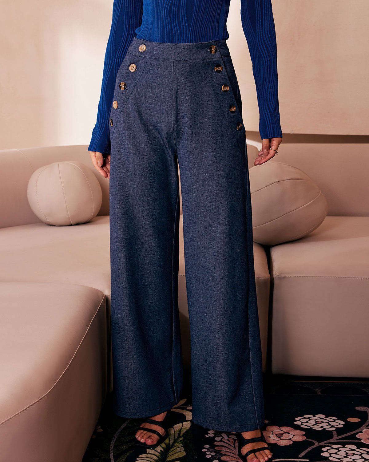 The High Waisted Button Fly Faux Jeans sold by rihoas