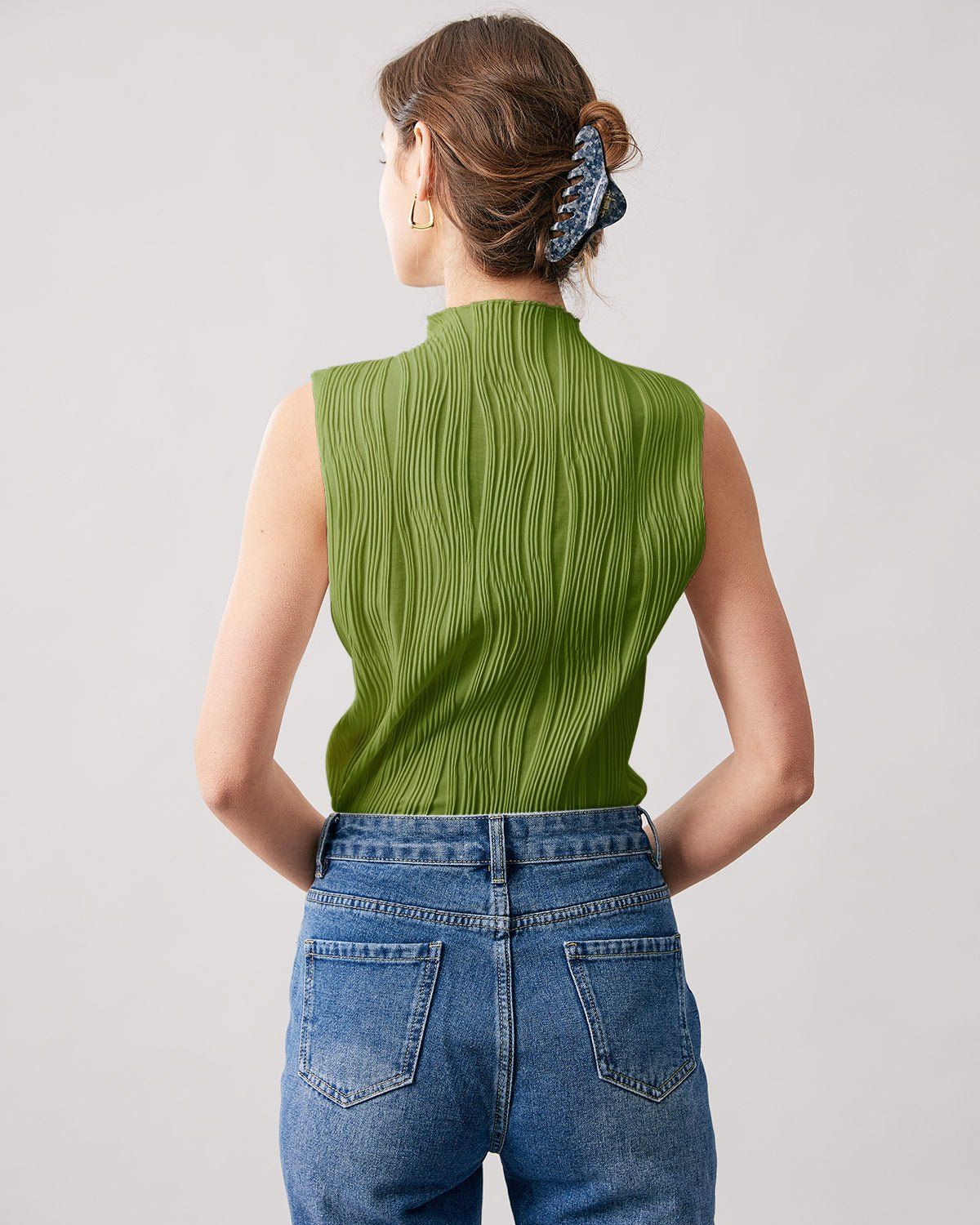 The Green Mock Neck Water Ripple Textured Tank Top sold by rihoas product image thumbnail 3