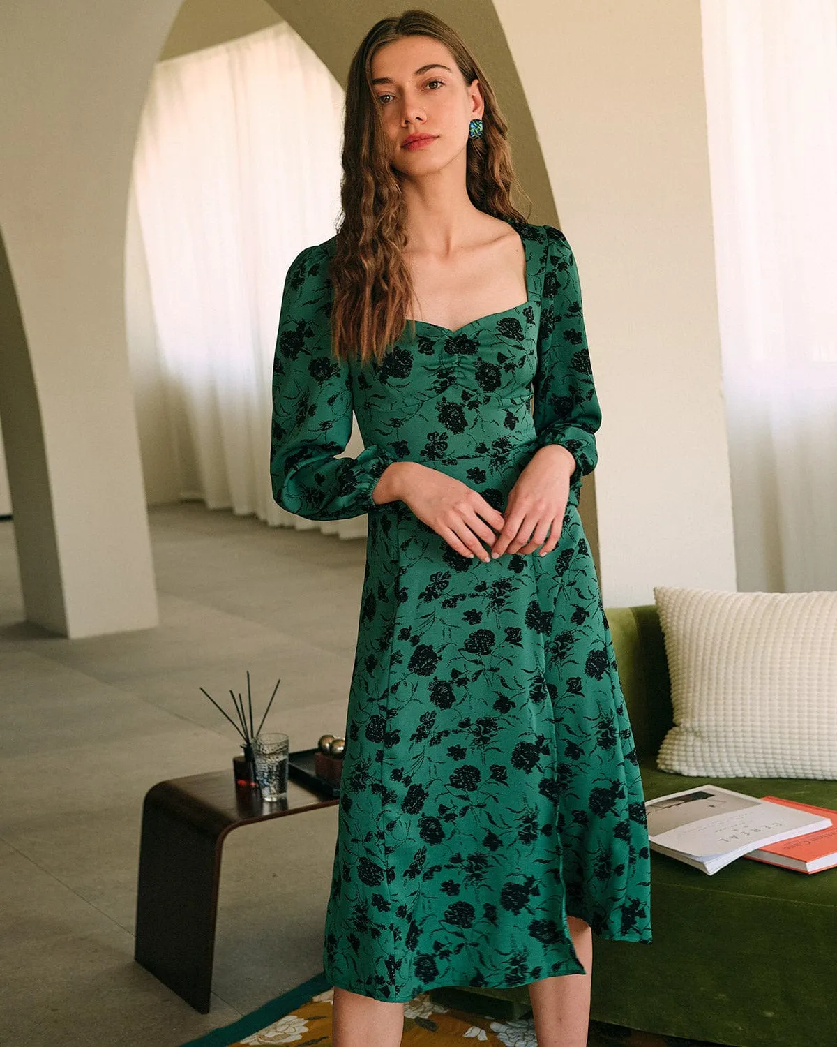 The Sweetheart Neck Floral Long Sleeve Midi Dress sold by rihoas