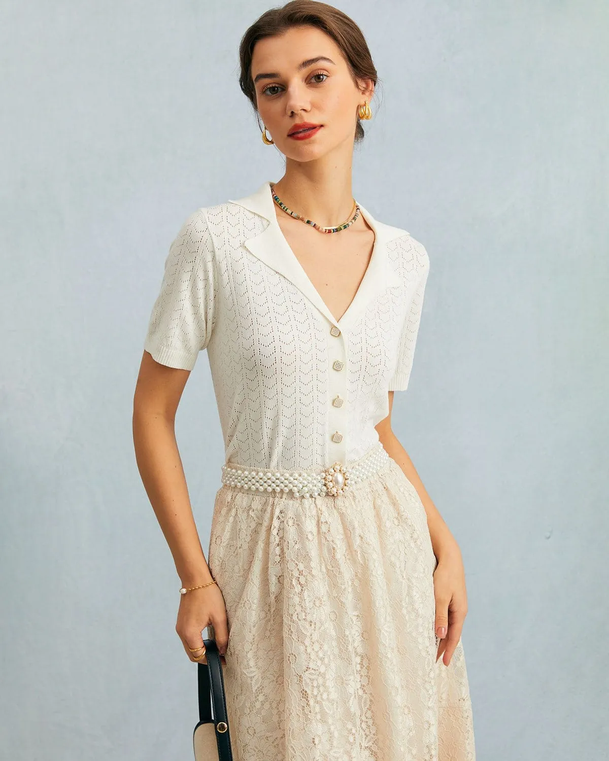 The White Collared Pointelle Knit Top sold by rihoas product image thumbnail 3