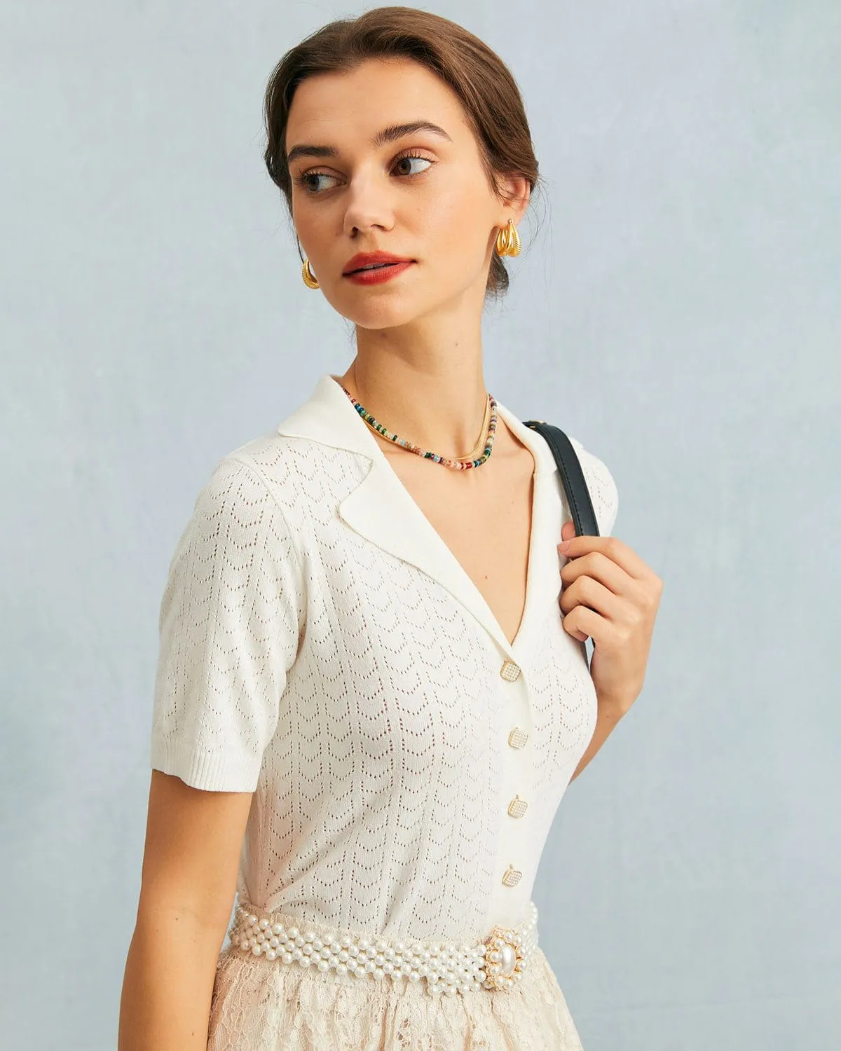 The White Collared Pointelle Knit Top sold by rihoas product image thumbnail 4