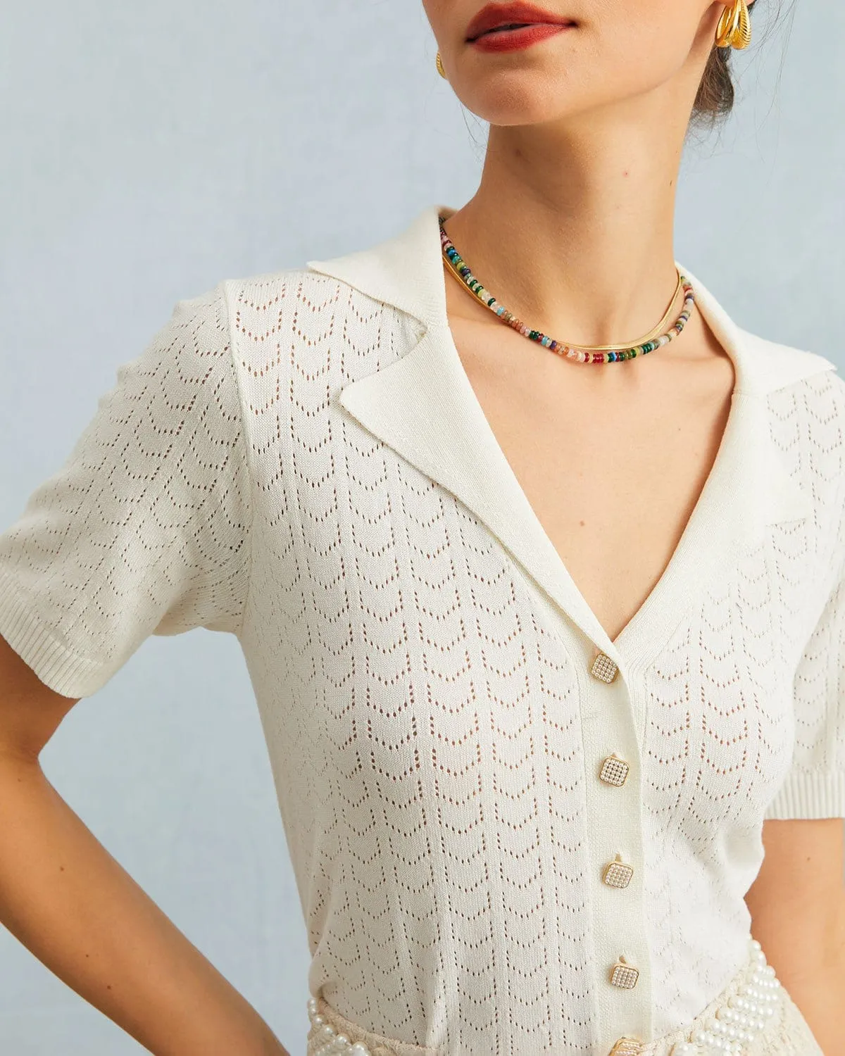 The White Collared Pointelle Knit Top sold by rihoas product image thumbnail 2