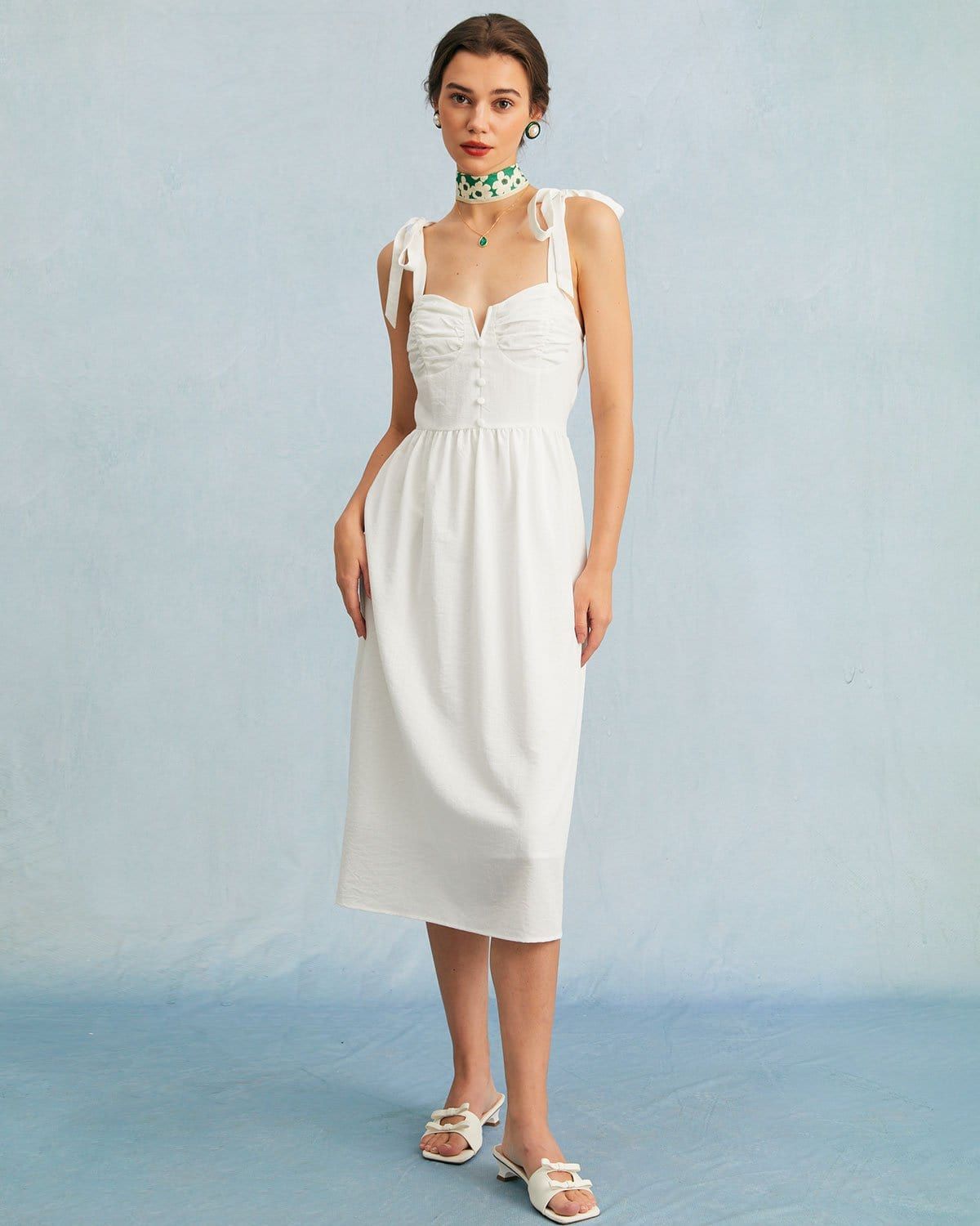 The White Tie Shoulder Notched Button Midi Dress sold by rihoas product image thumbnail 4