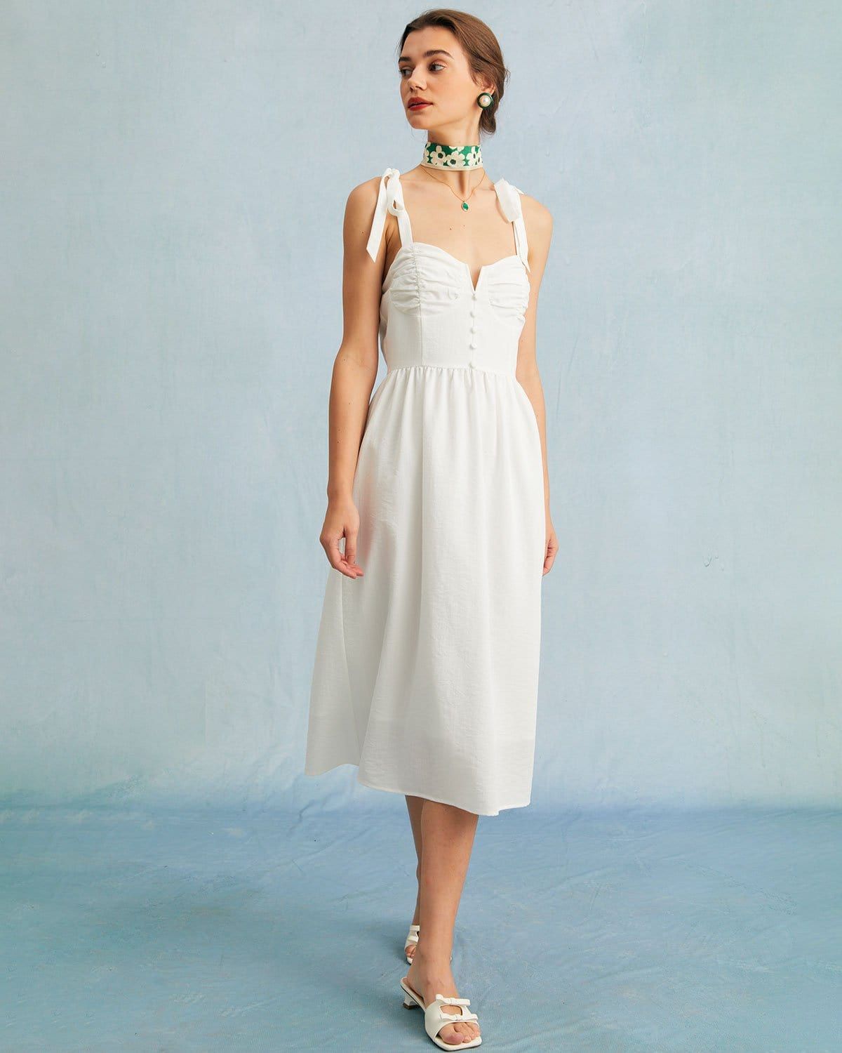 The White Tie Shoulder Notched Button Midi Dress sold by rihoas product image thumbnail 5