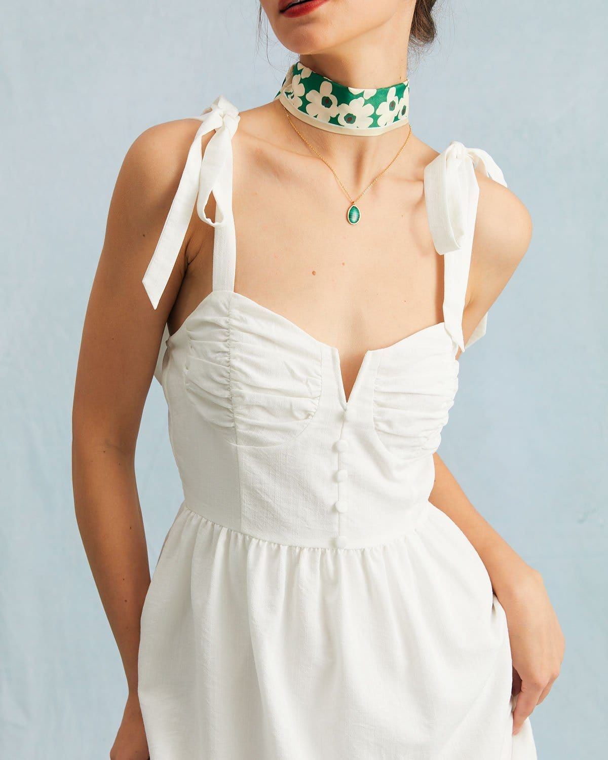 The White Tie Shoulder Notched Button Midi Dress sold by rihoas product image thumbnail 2