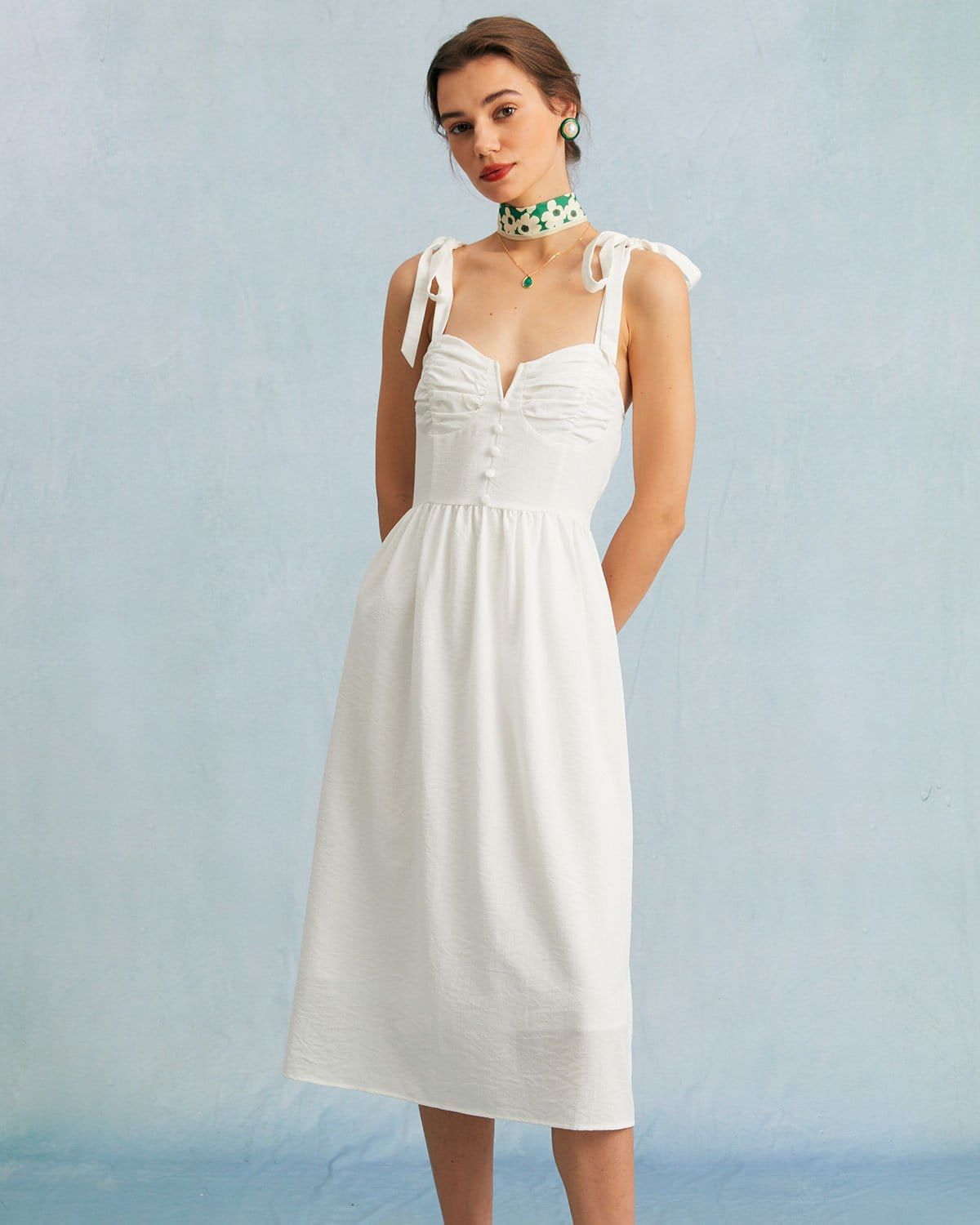 The White Tie Shoulder Notched Button Midi Dress sold by rihoas product image thumbnail 3