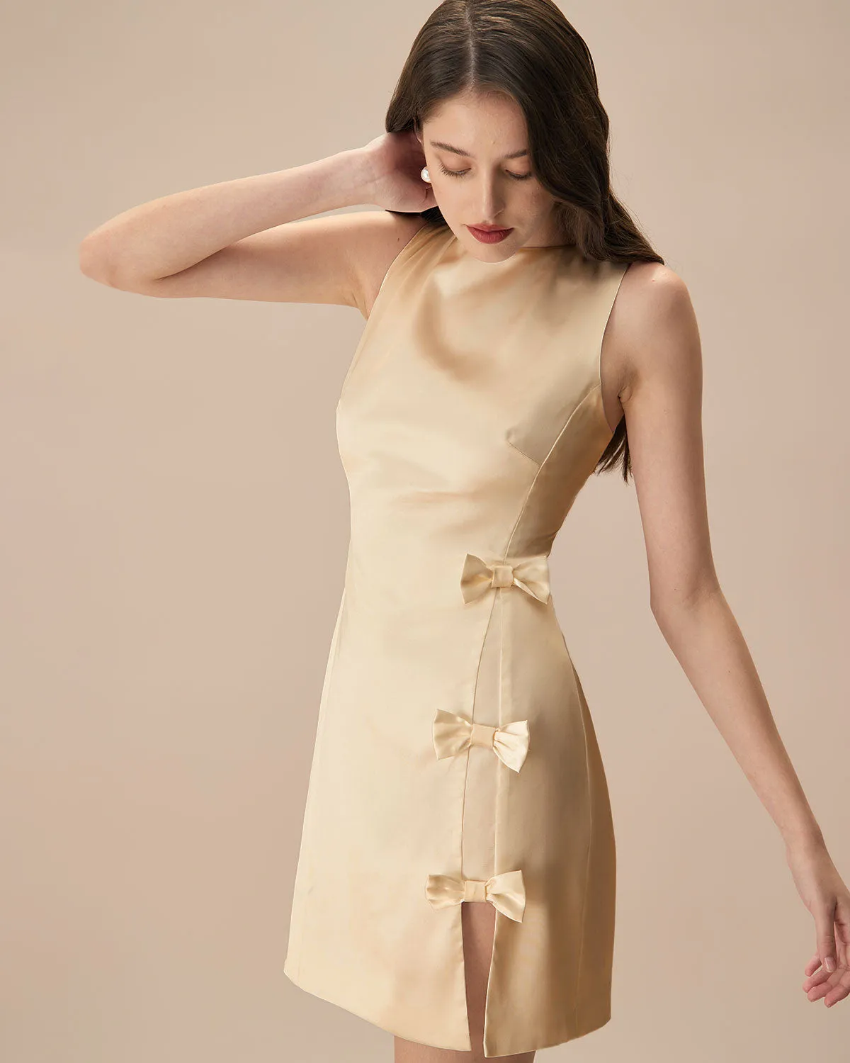 The Yellow Boat Neck Bowknot Satin Mini Dress sold by rihoas product image thumbnail 2