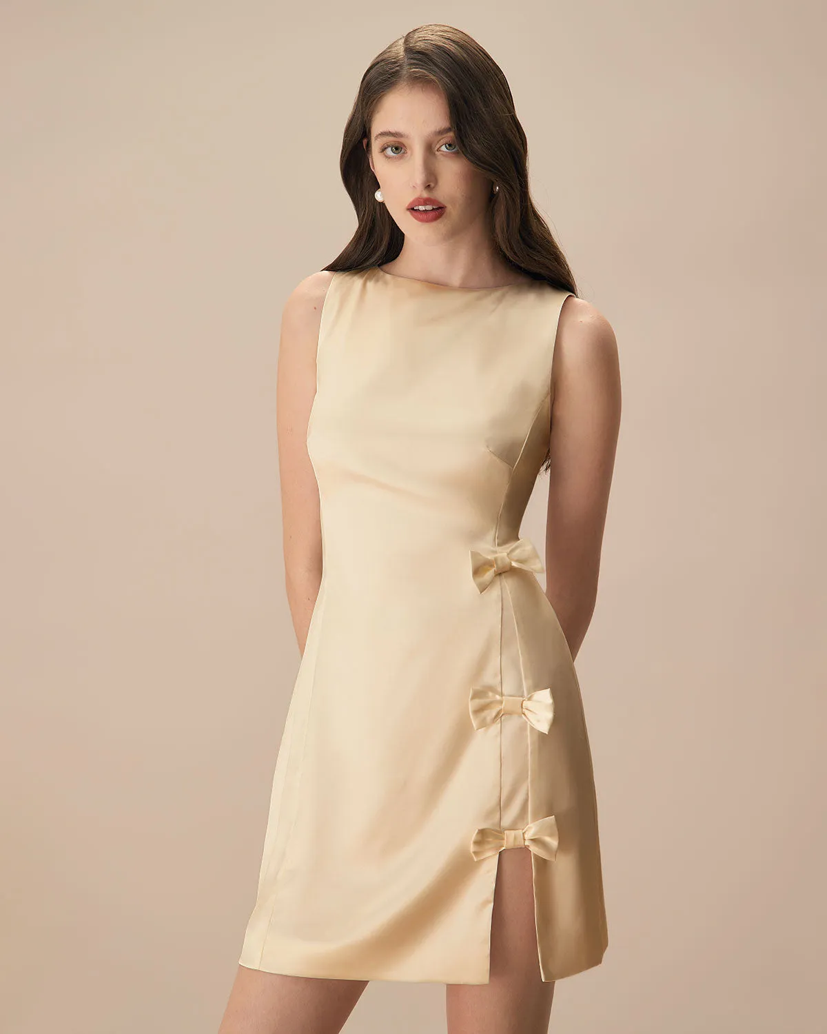 The Yellow Boat Neck Bowknot Satin Mini Dress sold by rihoas
