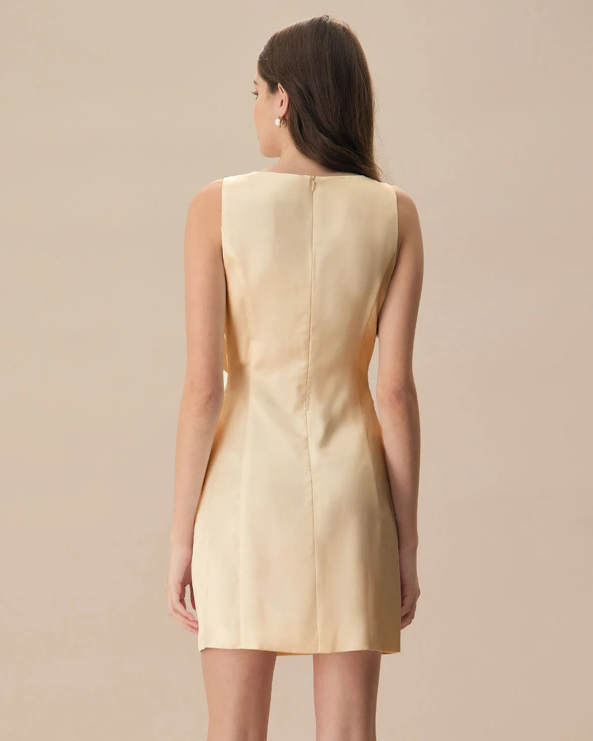 The Yellow Boat Neck Bowknot Satin Mini Dress sold by rihoas product image thumbnail 4