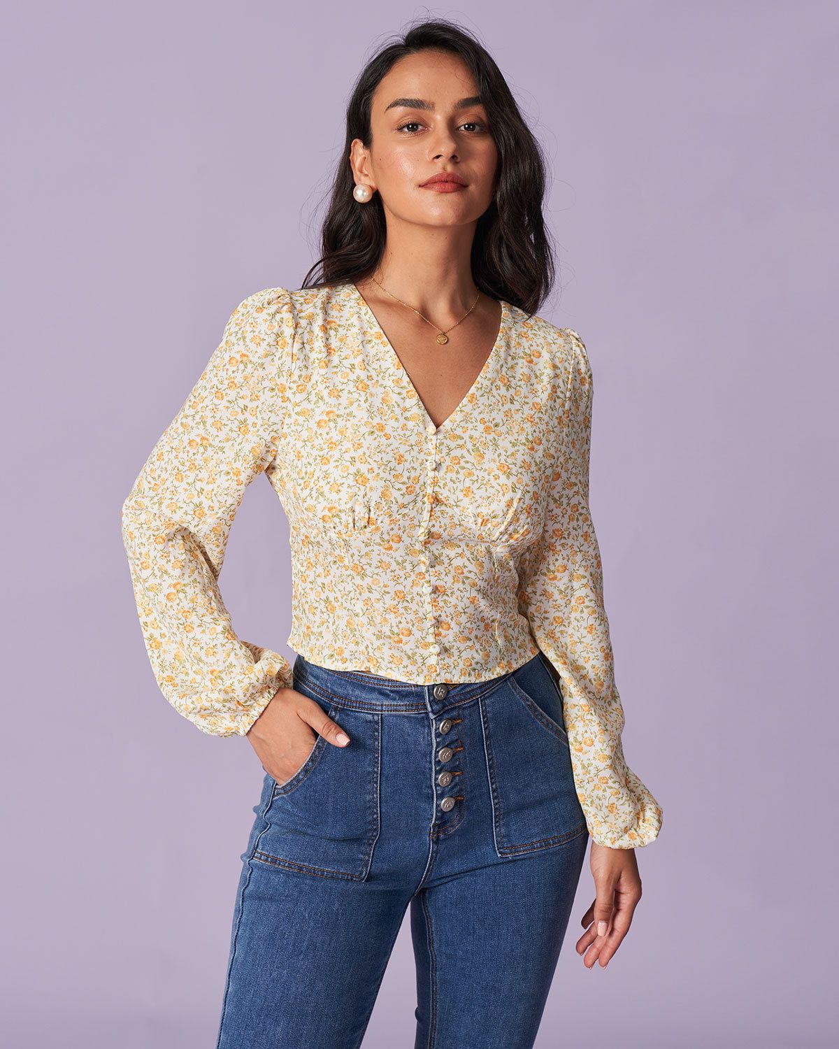 The Yellow V Neck Floral Lantern Sleeve Blouse sold by rihoas