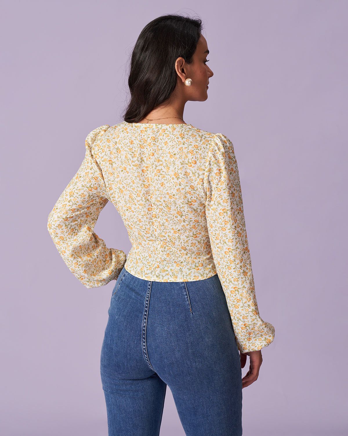 The Yellow V Neck Floral Lantern Sleeve Blouse sold by rihoas product image thumbnail 5