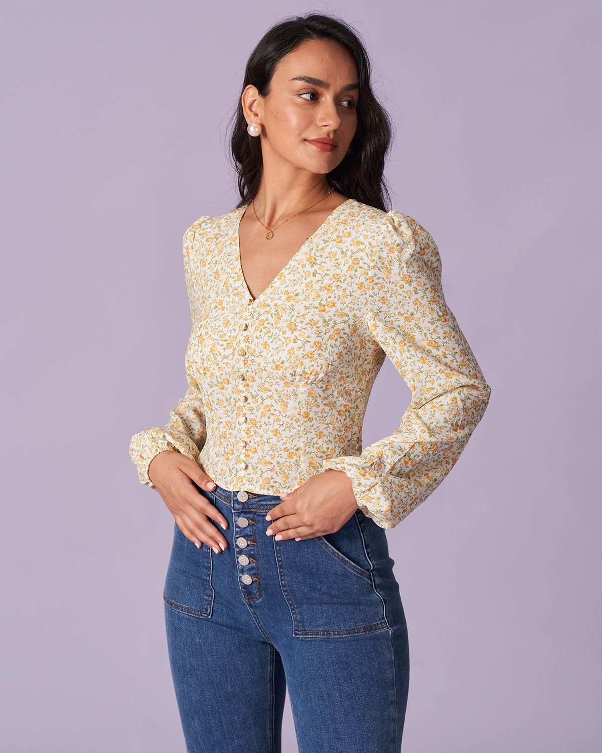 The Yellow V Neck Floral Lantern Sleeve Blouse sold by rihoas product image thumbnail 3