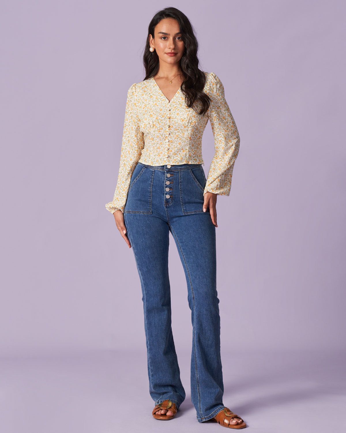 The Yellow V Neck Floral Lantern Sleeve Blouse sold by rihoas product image thumbnail 2