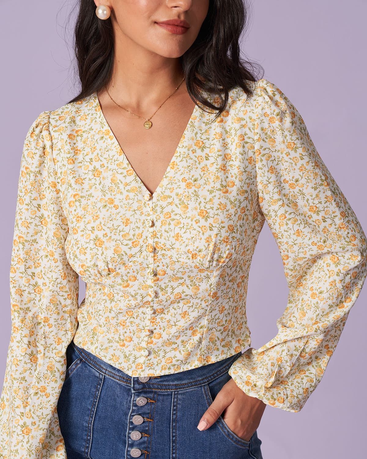 The Yellow V Neck Floral Lantern Sleeve Blouse sold by rihoas product image thumbnail 4
