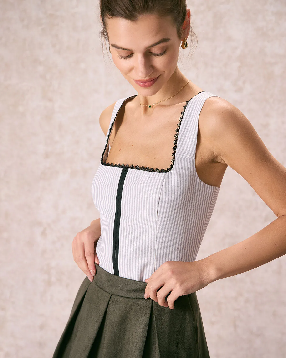 The Grey Square Neck Striped Tank Top sold by rihoas product image thumbnail 2