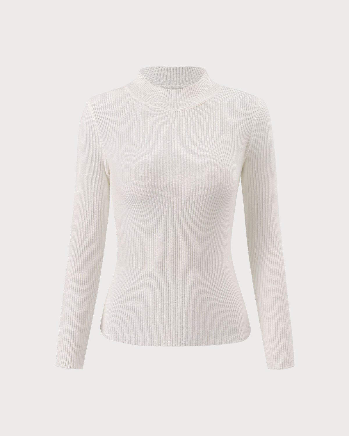 The White Mock Neck Long Sleeve Knit Top sold by rihoas product image thumbnail 2