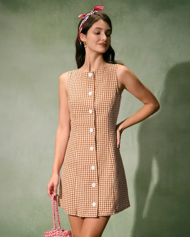 The Brown Boat Neck Plaid Mini Dress sold by rihoas