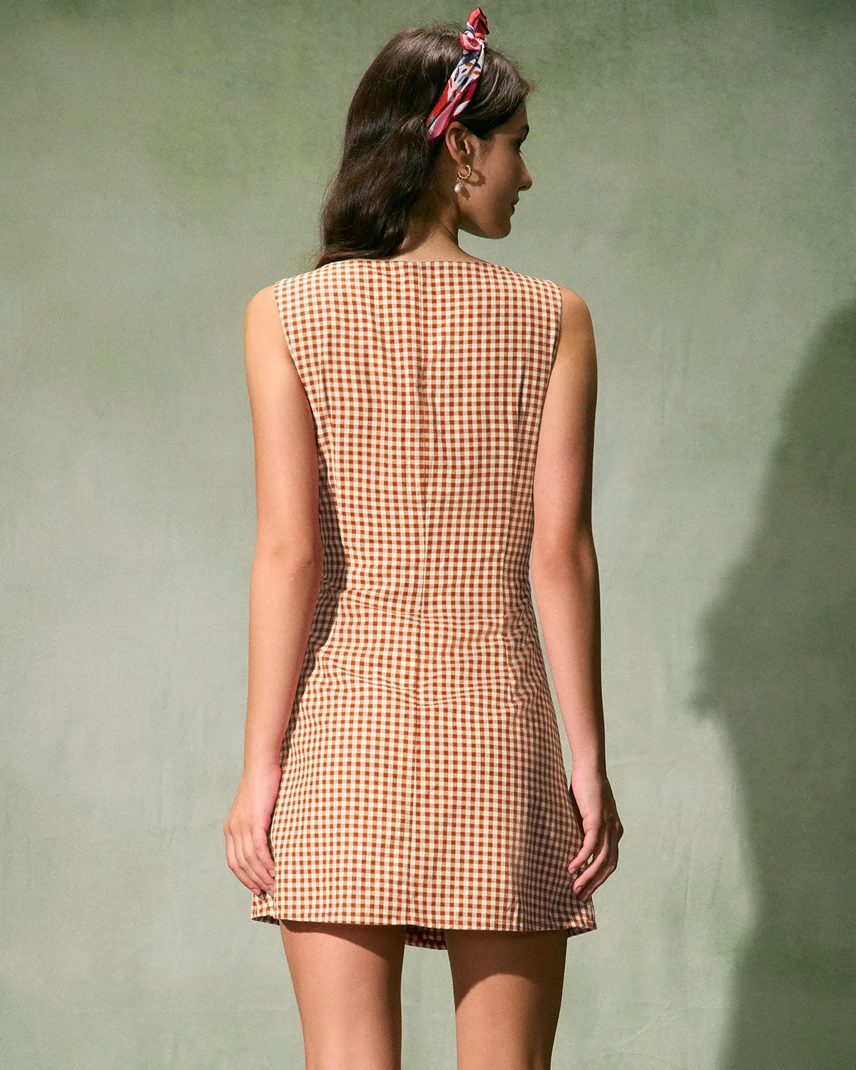 The Brown Boat Neck Plaid Mini Dress sold by rihoas product image thumbnail 3