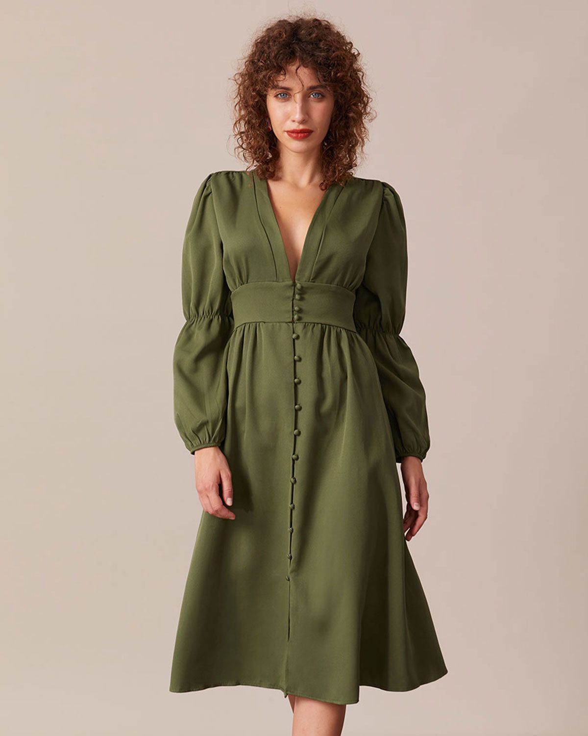 The Green Deep V Neck Puff Sleeve Midi Dress sold by rihoas