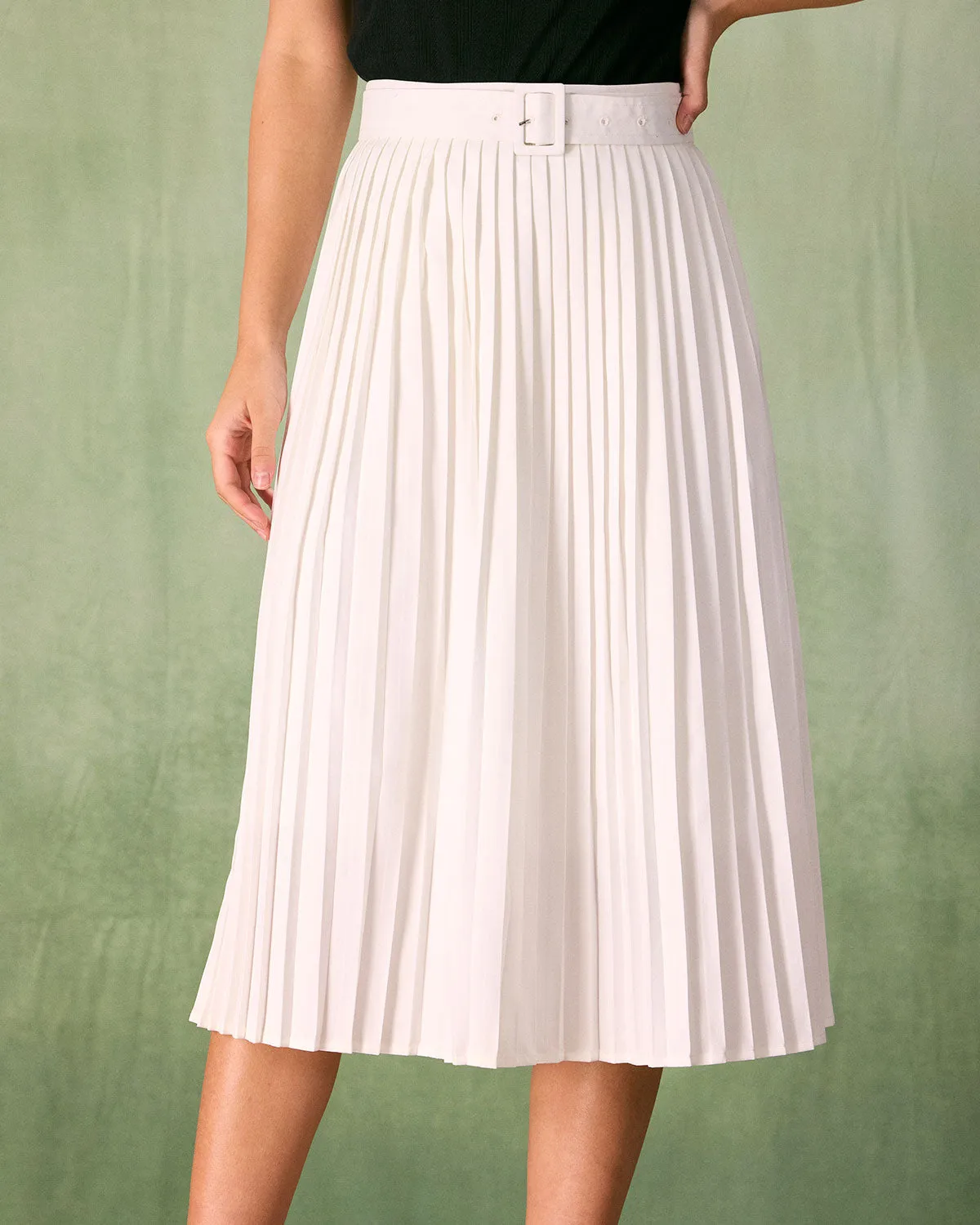 The White High-waisted Pleated Belted Midi Skirt sold by rihoas