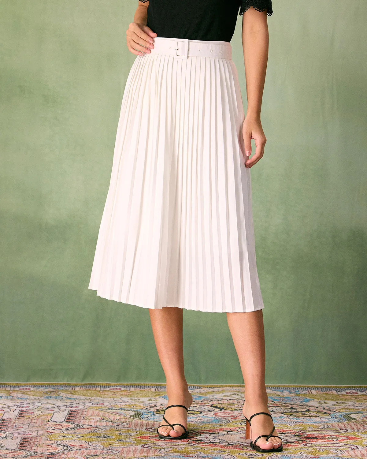 The White High-waisted Pleated Belted Midi Skirt sold by rihoas product image thumbnail 2