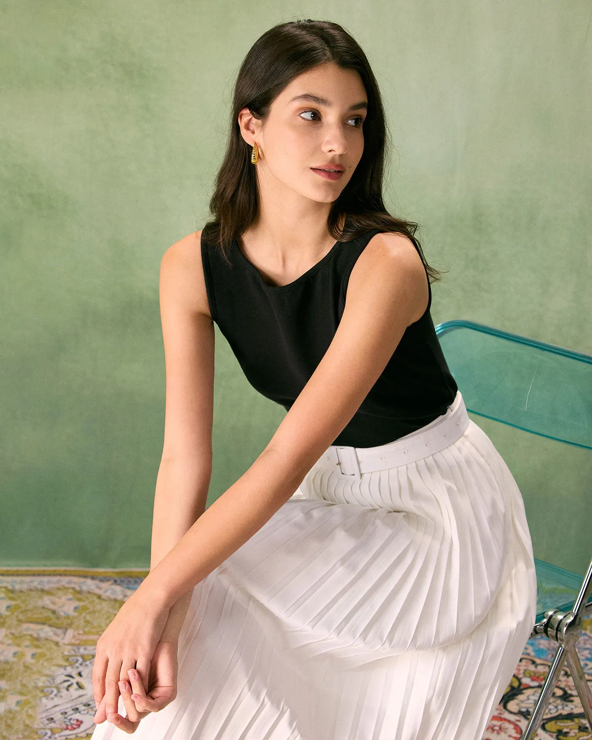 The White High-waisted Pleated Belted Midi Skirt sold by rihoas product image thumbnail 5