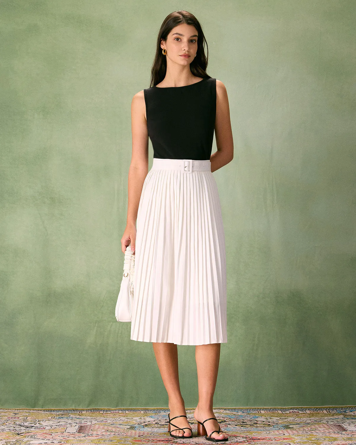 The White High-waisted Pleated Belted Midi Skirt sold by rihoas product image thumbnail 3