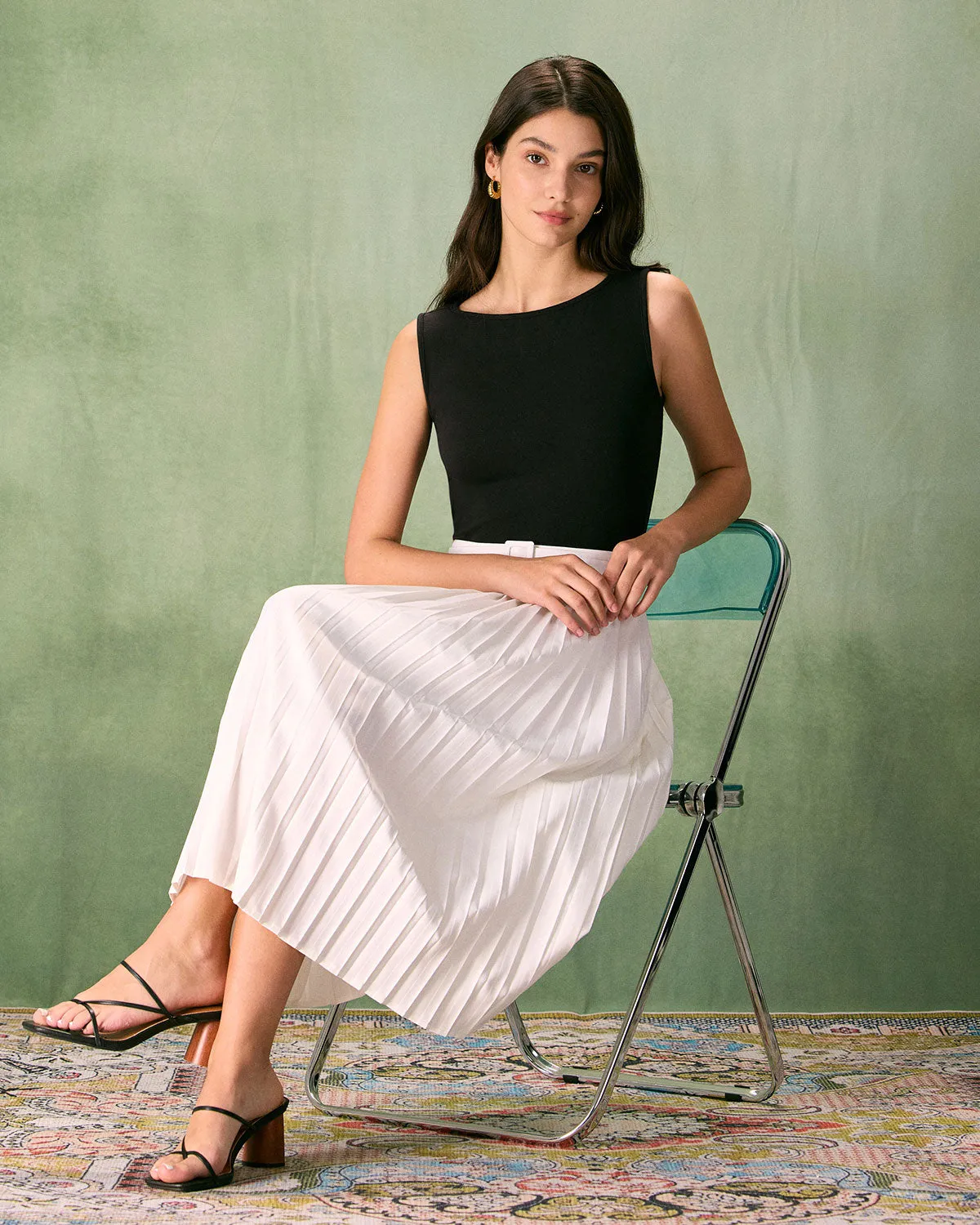 The White High-waisted Pleated Belted Midi Skirt sold by rihoas product image thumbnail 4