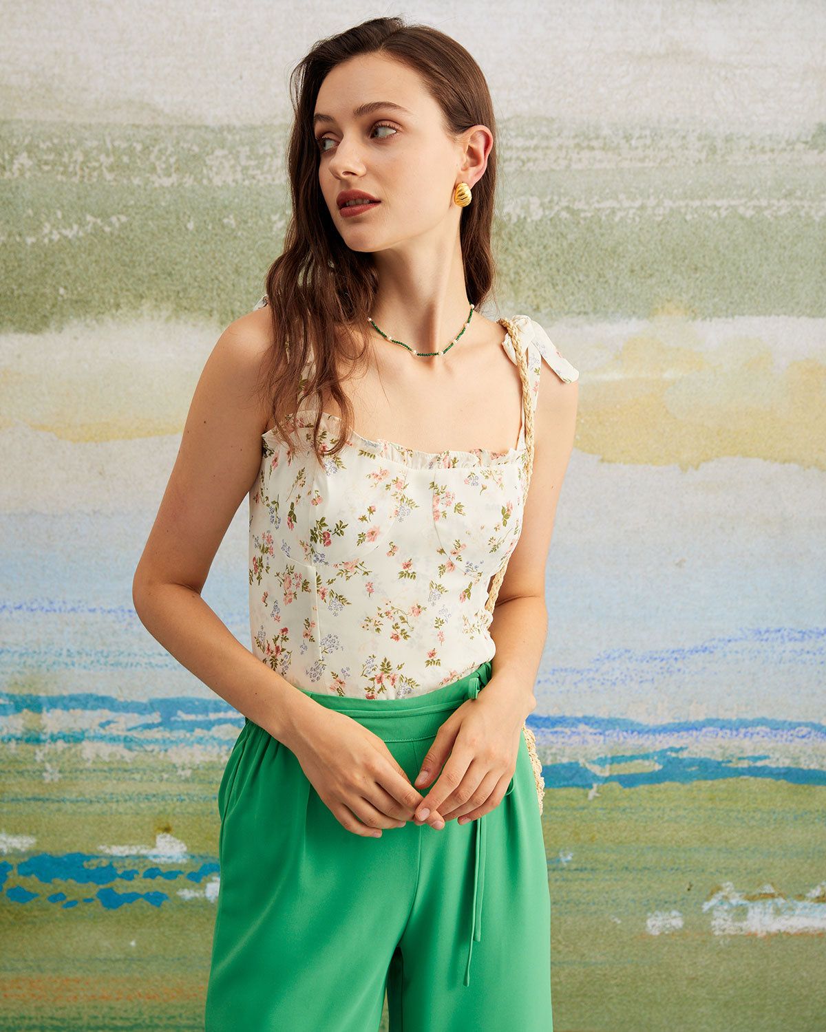 The Beige Floral Shirred Ruffle Trim Cami Top sold by rihoas product image thumbnail 7