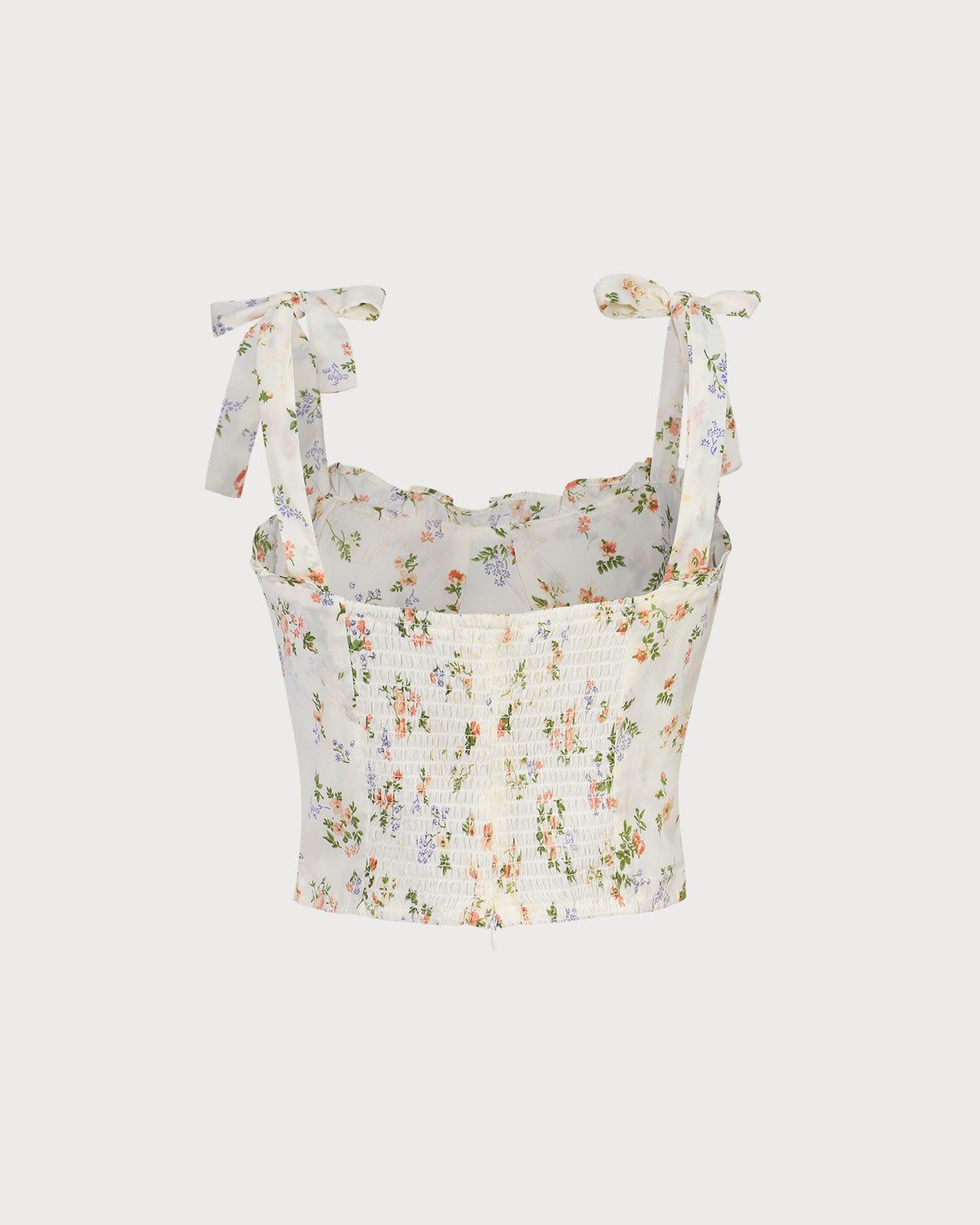 The Beige Floral Shirred Ruffle Trim Cami Top sold by rihoas product image thumbnail 3