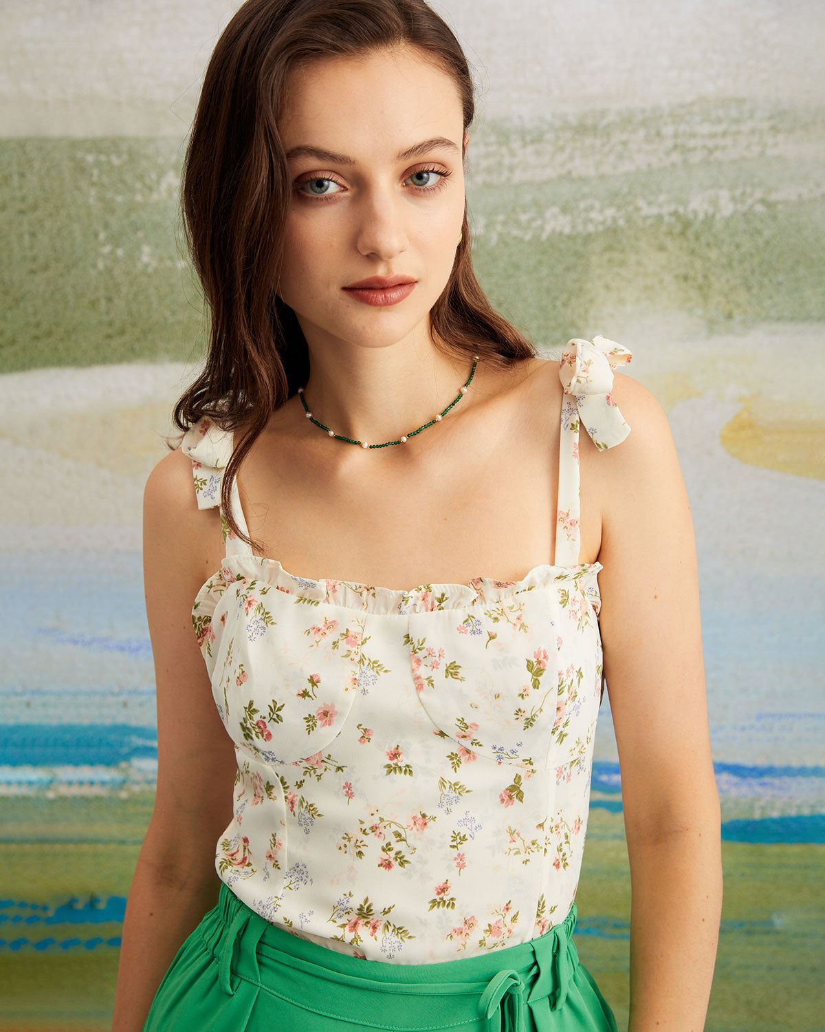 The Beige Floral Shirred Ruffle Trim Cami Top sold by rihoas product image thumbnail 4