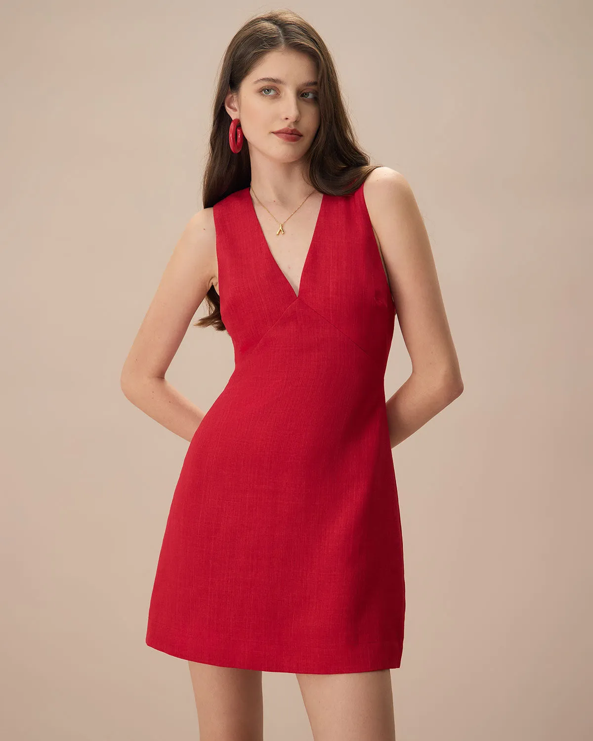 The Red V Neck Sleeveless Linen Mini Dress sold by rihoas