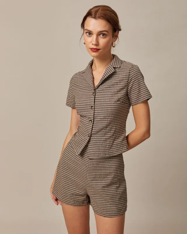 The Brown Lapel Gingham Short Sleeve Blouse sold by rihoas