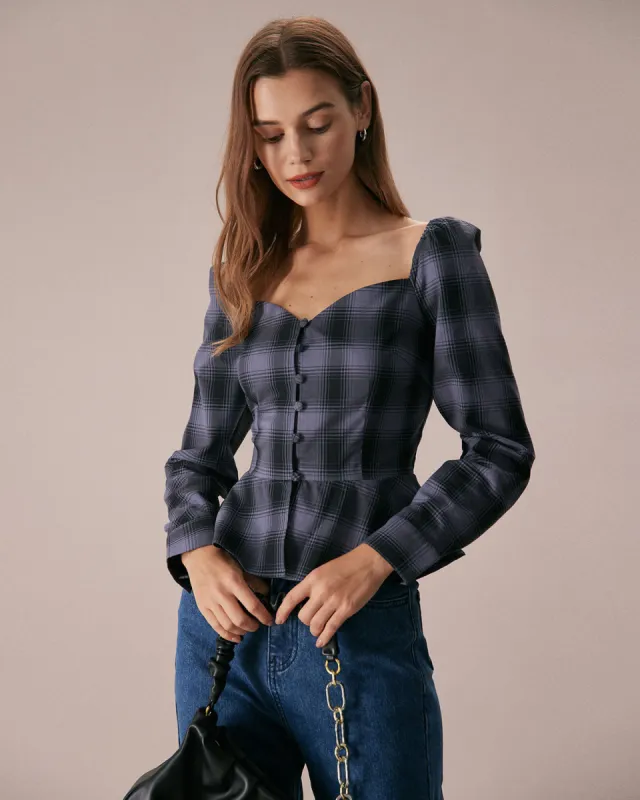 The Dusty Blue Sweetheart Neck Plaid Blouse sold by rihoas