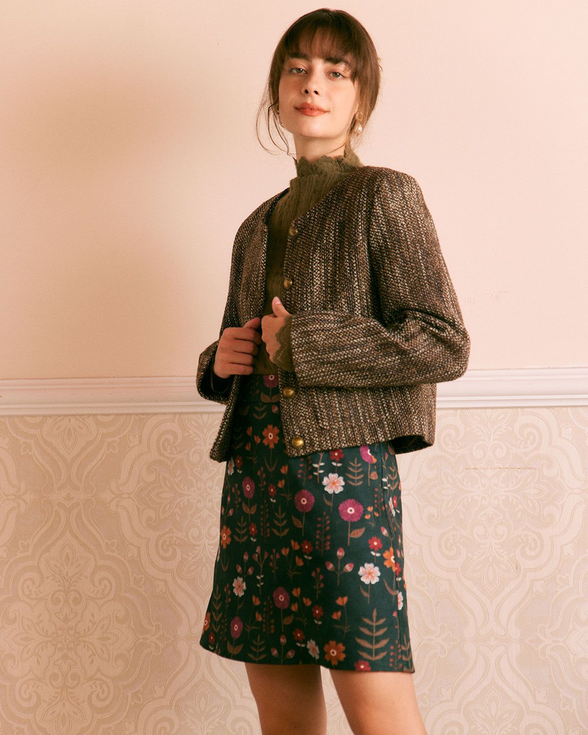 The Khaki Round Neck Button Tweed Jacket sold by rihoas product image thumbnail 3