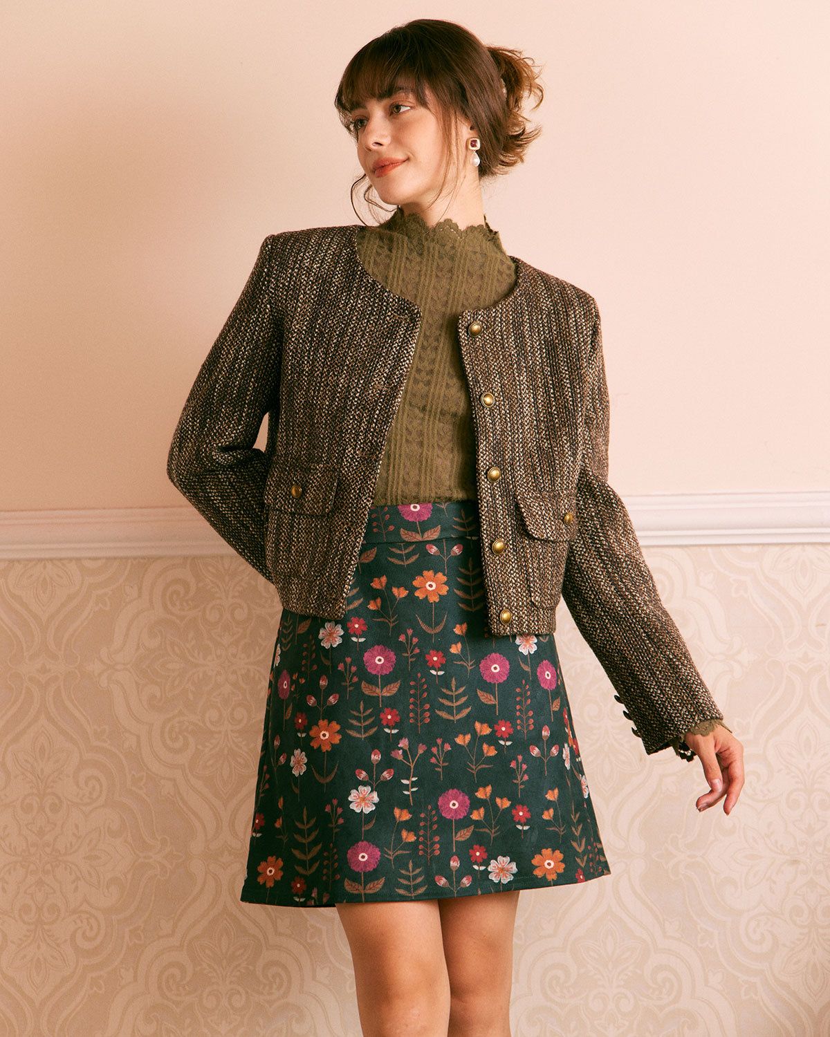The Khaki Round Neck Button Tweed Jacket sold by rihoas