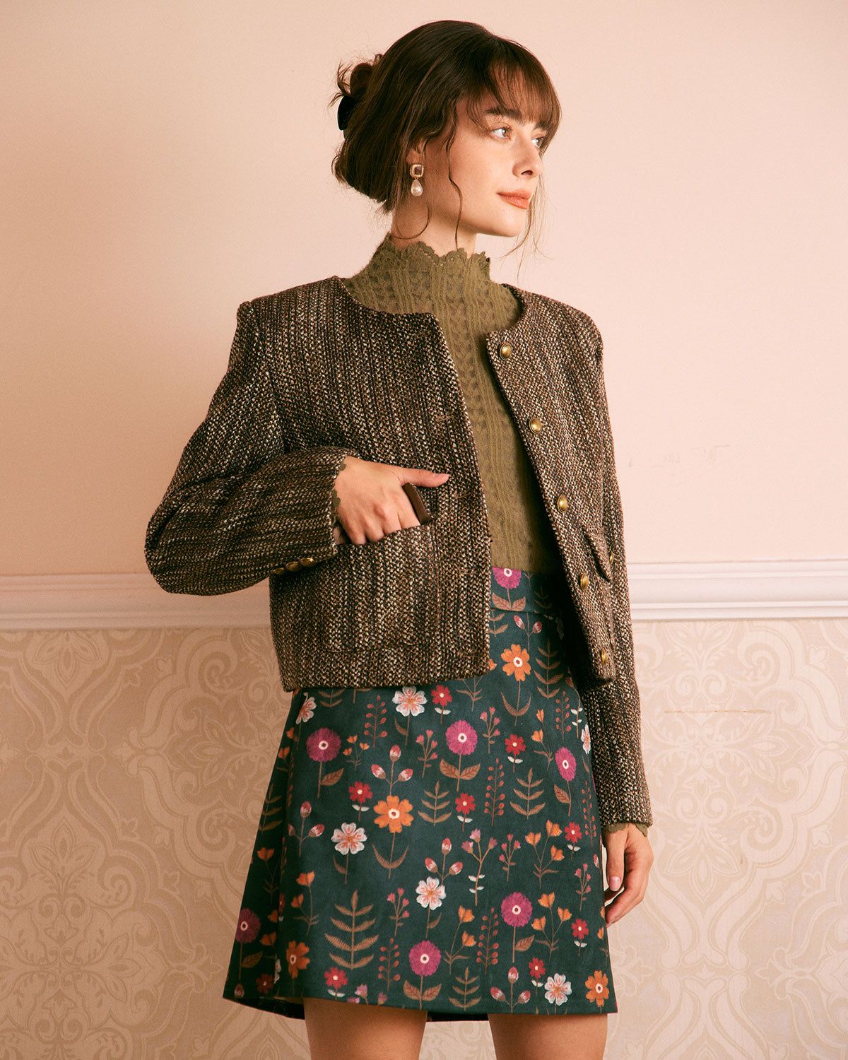 The Khaki Round Neck Button Tweed Jacket sold by rihoas product image thumbnail 4